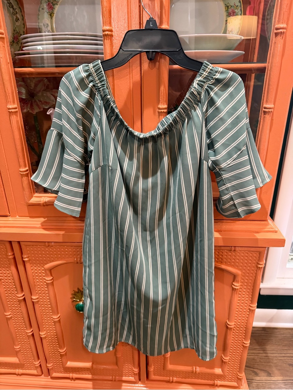 Romeo & Juliet Couture Green and White Striped Off-Shoulder Dress